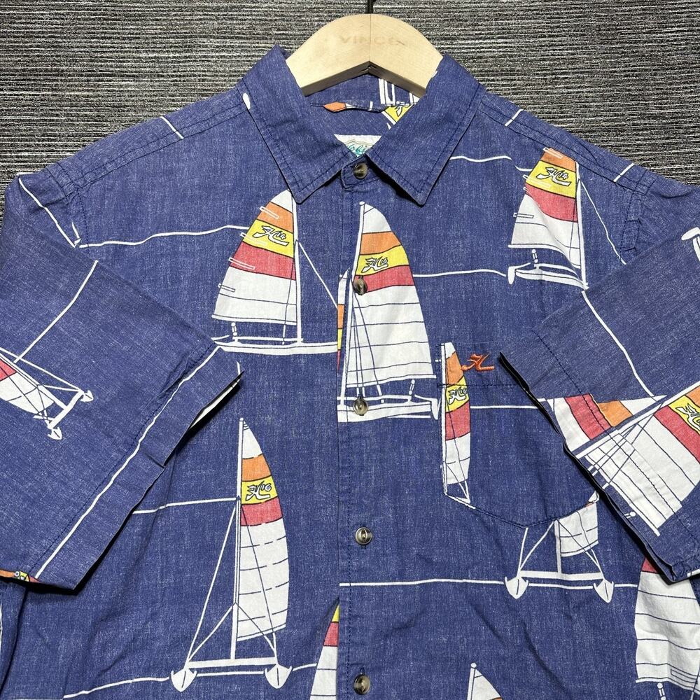 Hobie Hurley Hawaiian Shirt Men's M Blue Boats Short Sleeve Button Inside Out